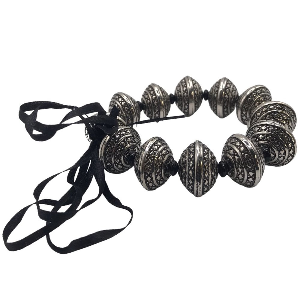 Vintage Handmade BLACK Silver-tone Bauble BEADED Stretch Elastic Bracelet!